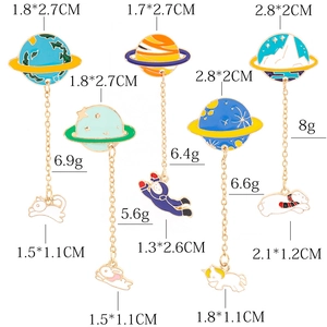 Cartoon space pins featuring astronauts and planets with detailed product dimensions
