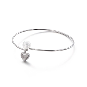 Minimalist silver stainless steel bracelet featuring a heart pendant and white pearl bead