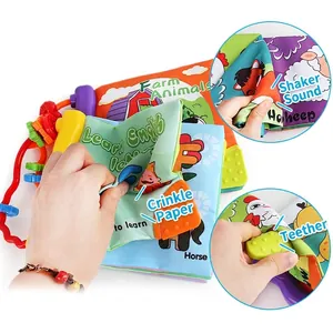 Educational farm animal cloth book for babies with teether, crinkle paper and sound maker