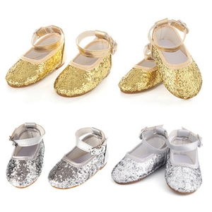 Detailed grid of 18 inch doll shoes featuring glittery gold and silver Mary Janes