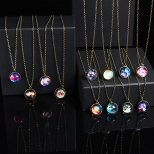 Detailed display of galaxy pendant necklaces on display stands with bronze chains
