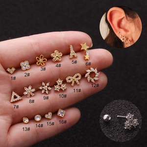 Zircon Flower Heart Star Ear Cartilage Studs Stainless Steel Screw Flat Back Piercing Earrings For Women Minimalist
