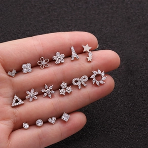 Variety of stainless steel screw back stud earrings with zircon floral and geometric shapes