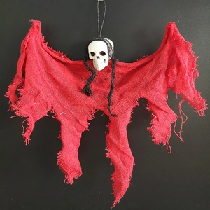 Halloween skull ghost hanging decoration with red tattered fabric for haunted house party decor