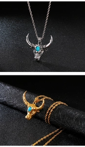 Detailed comparison of bull head pendants in gold and silver with blue turquoise stones