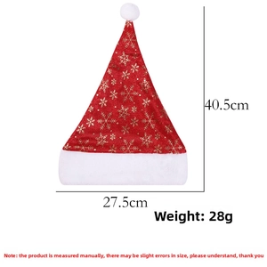 Detailed size specifications of the plush red Christmas hat with gold snowflake patterns