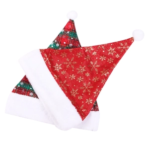 Thickened red Christmas hats with gold snowflake and plaid patterns on white background