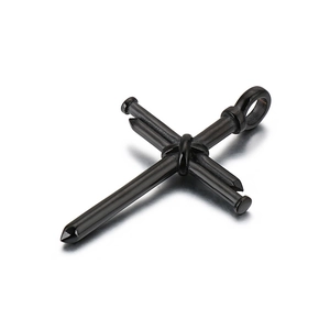 Men's punk titanium steel black cross pendant necklace with nail design on white background