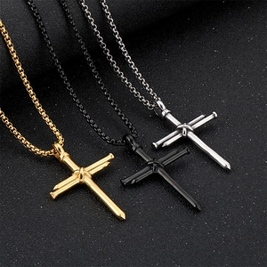 Men's titanium steel nail cross pendants in gold, black, and silver finishes