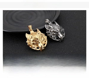 Close-up of a 30g stainless steel wolf head pendant in gold and steel finishes