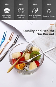 Macro shot of 304 stainless steel two-tine fruit forks with colorful metallic finish