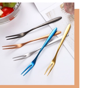 Detailed view of 304 stainless steel fruit forks in black, rose gold, silver, blue and gold