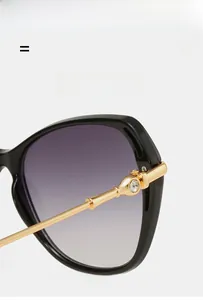 Détail latéral de lunettes noires géométriques avec charnière en métal tête de panthère