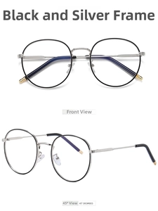 Front and 45-degree angle views of vintage round black and silver metal glasses frames