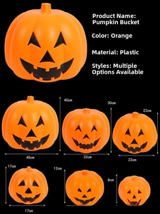 Multiple sizes of orange Halloween pumpkin lanterns from 8cm to 45cm on black background