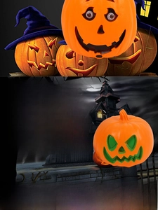 Macro shot of large glowing Halloween pumpkin lanterns with various spooky facial expressions