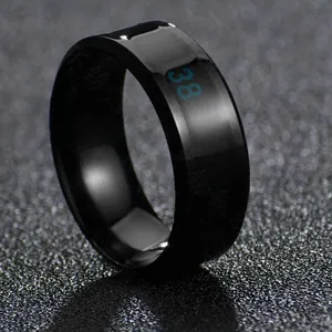 Macro shot of black stainless steel ring showing blue 38°C temperature display