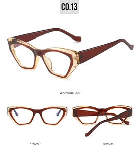 Three-view display of geometric cat-eye glasses frame in burgundy and champagne finish
