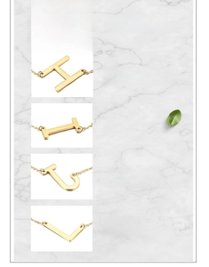 Detailed view of gold stainless steel G H I J L letter pendants on cross chains