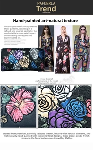 Detail showing colorful 3D floral embossing on premium black leather long wallet for women