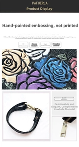 Detailed view of 3D embossed rose pattern on leather wallet with golden hardware