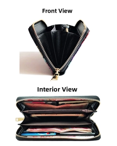 Detail view of long black floral zip wallet with multi-card slots and phone compartment