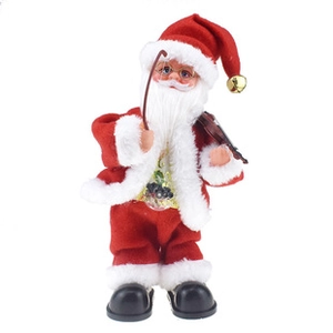 Close-up of Santa Claus wind-up toy in red suit holding a small violin prop