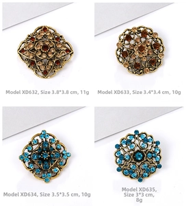 Detail of vintage alloy brooches with rhinestones, showing sizes and weights in a grid
