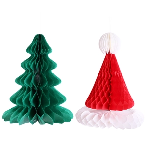Honeycomb paper Christmas tree and Santa hat hanging ornaments for party decoration