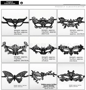 Nine diverse black lace masquerade mask designs including butterfly and crown patterns