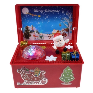 Inside view of a red Christmas music box with Santa Claus, LED lights and Merry Christmas text