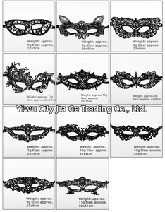 Detailed catalog showing various black lace masquerade masks with intricate cutout designs