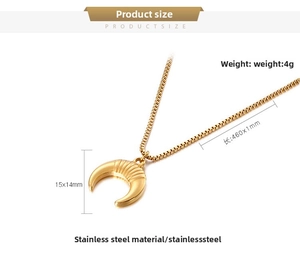 Detailed specs of gold crescent moon pendant on box chain with 15x14mm dimensions