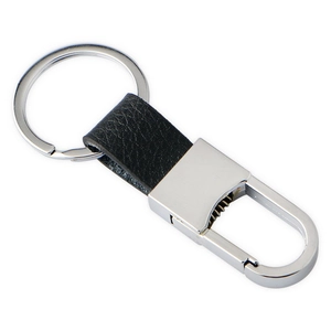 Premium black leather keychain with silver metal spring hook and lychee texture finish