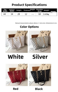 Quilted tote bag detail showing size chart and four colors with golden chain and deer pendant