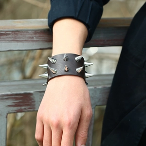 Punk style faux leather bracelet for men featuring two rows of silver metal cone spikes