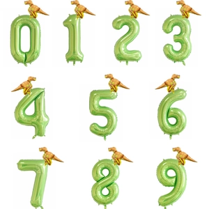 40-inch green foil number balloon with mini T-Rex dinosaur toppers for birthday party