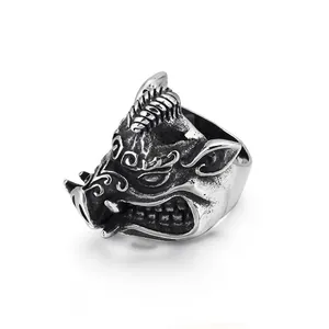 Wild Boar Head Ring Stainless Steel Gothic Punk Biker Style Animal Jewelry For Men Vintage Oxidized Finish
