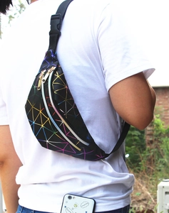 Detail of outdoor crossbody waist bag featuring colorful geometric laser reflective patterns