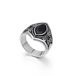 Vintage stainless steel ring with black marquise cut stone and engraved details