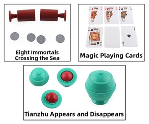 Three magic trick props for kids including cards, cups and coins with tutorial