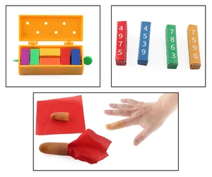 Detail view of magic kit components including number blocks, yellow box, and thumb tip set