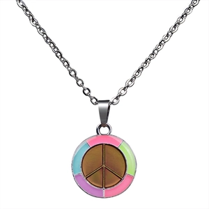 Detail of peace sign pendant with colorful enamel segments on a metal chain necklace