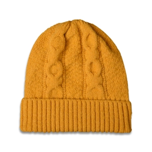 Ginger yellow cable-knit beanie hat for women featuring a warm ribbed cuff design
