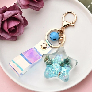 Detail of blue starfish keychain with sequins and holographic laser strap on plate