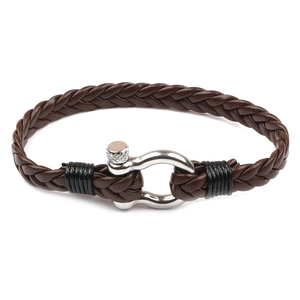 Men's multilayer braided brown leather bracelet with silver metal U-shackle clasp