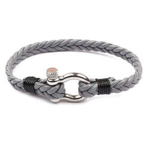 Men's multilayer gray braided leather bracelet with silver metal U-shaped shackle clasp
