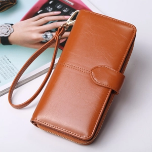 Damen Lange Geldbörse Ölwachs PU Leder Reißverschluss Handschlaufe Clutch Handy Tasche Retro Elegant