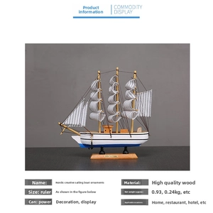 Vue détaillée d'une maquette de voilier en bois avec des voiles rayées bleues et blanches