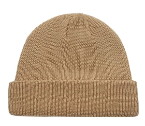 Detailed texture of khaki knit beanie featuring soft weave and folded cuff design